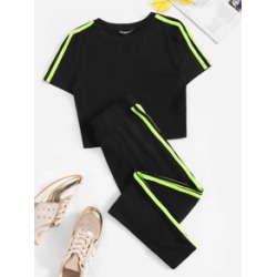 Neon Lime Tape Detail Tee & Pants Set