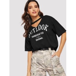 V-cut Neck Letter Graphic Boxy Tee