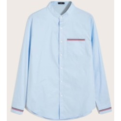 Men Stand Collar Striped Trim Pocket Patched Shirt