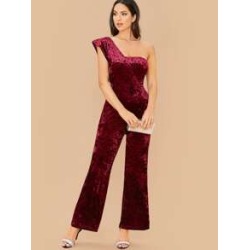 One Shoulder Wide Leg Velvet Jumpsuit