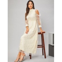 Cold Shoulder Appliques Mesh A Line Dress