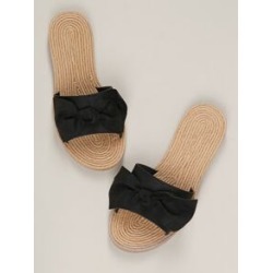 Woven Raffia Sole Bow Accent Flat Slide Sandals