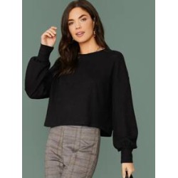 Lantern Sleeve Waffle Knit Boxy Tee