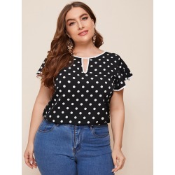 Plus Contrast Binding Keyhole Neck Polka Dot Top