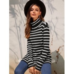 Funnel Neck Rib-knit Striped Sweater