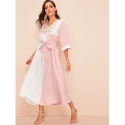 Cut And Sew Embroidery Belted Hijab Dress