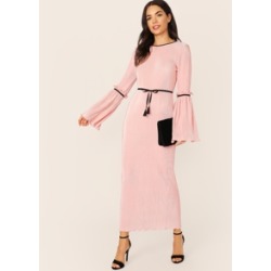 Flounce Sleeve Belted Pleated Longline Hijab Dress