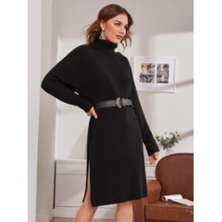 Rolled Neck Split Side Rib-knit Sweater Dress Without Belt