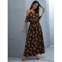 Floral Print Cold Shoulder A Line Dress