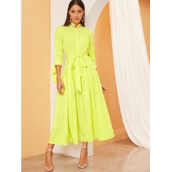 Neon Yellow Knotted Cuff Belted Hijab Dress