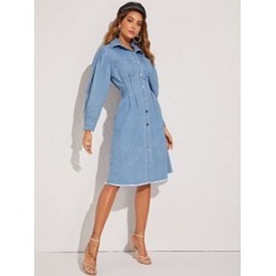 Light Wash Button Front Raw Hem Denim Shirt Dress