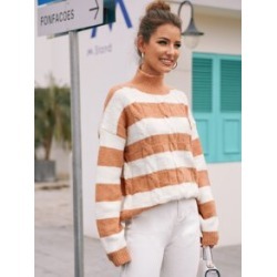 High Neck Two Tone Cable Knit Sweater