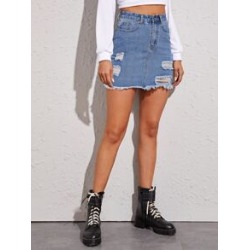 Raw Hem Ripped Detail Bodycon Denim Skirt