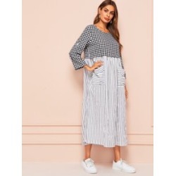 Gingham & Vertical-stripe Print Pocket Patched Hijab Dress