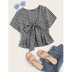 Tie Front Ruffle Hem Gingham Top