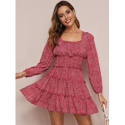 Frill Trim Ditsy Floral Print Shirred Dress