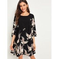 Crane & Floral Print Dress