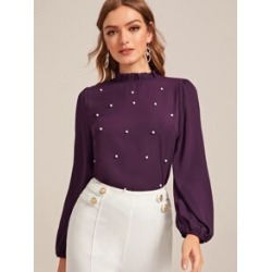 Frill Neck Pearl Beaded Lantern Sleeve Top
