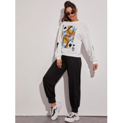 Poker Print Crew Neck Sweatshirt & Sweatpants