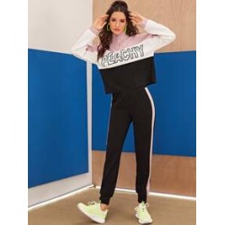 Zip Half Placket Colorblock Letter Print Top & Pants Set