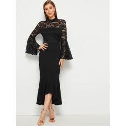 Solid Lace Insert Asymmetrical Ruffle Hem Hijab Dress