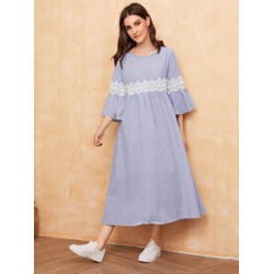 Lace Trim Flounce Sleeve Striped Hijab Dress