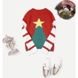 Girls Christmas Print Striped Sweater