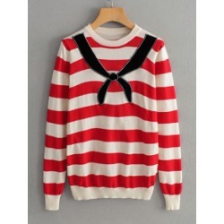 Tie Embroidery Striped Sweater