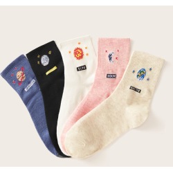 5pairs Multicolored Planet Graphic Crew Socks