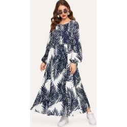 Tropical Print Lantern Sleeve Hijab Dress