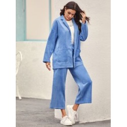 Notched Collar Drop Shoulder Cord Blazer & Wide Leg Pants Set