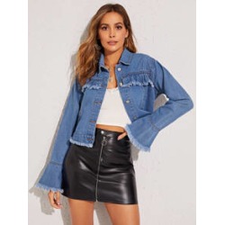 Raw Hem Flounce Sleeve Denim Jacket