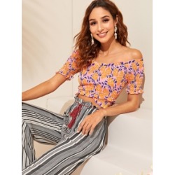 Off Shoulder Frill Trim Shirred Cross Wrap Blouse