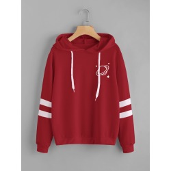 Planet Print Varsity Striped Drawstring Hoodie