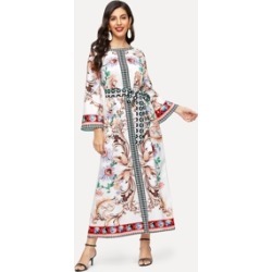 Mixed Print Bell Sleeve Self Belted Hijab Dress
