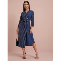 Self Tie Asymmetrical Hem Vertical Striped Shirt Dress