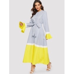 Flounce Sleeve Color-block Belted Hijab Dress
