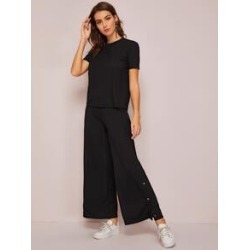 Rib-knit Top & Press Buttoned Side Wide Leg Pants Set