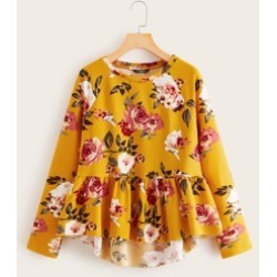 Floral Print Raglan Sleeve Dip Hem Peplum Pullover