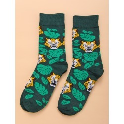 2pairs Tiger & Leaf Print Socks