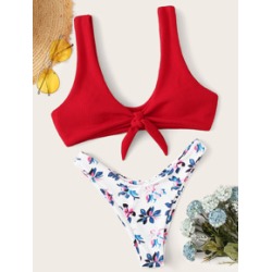 Knot Font Top With Floral Bikini Set