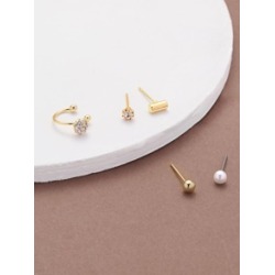 Set Of Five Pearl Stud Mini Bar And Cuff Earrings