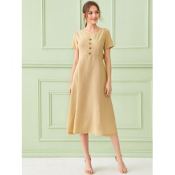 Button Front Tie Back Gingham Dress