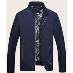 Men Solid Zip-up Stand Collar Jacket