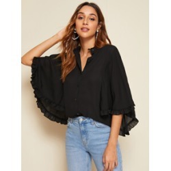 Frill Neck Button Front Cloak Sleeve Top