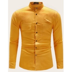 Men Flap Pocket Front Stand Collar Shirt