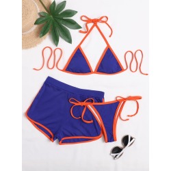 3pack Rib Contrast Binding Triangle Bikini Swimsuit