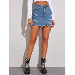 Raw Hem Ripped Detail Denim Skirt