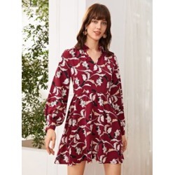 Frill Trim Notched Neck Floral Smock Dress