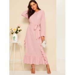 Ruffle Trim Pleated Cuff Belted Hijab Dress
